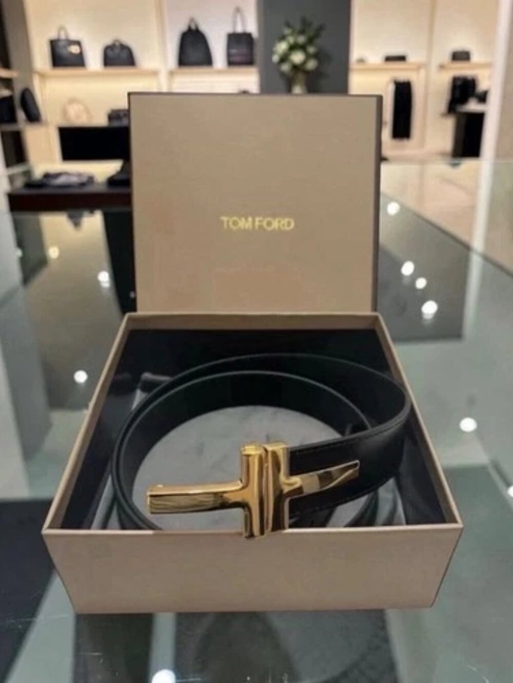 Tom Ford Smooth Leather TT Belt Gold T Buckle Size W/ Box & Dust Bag 36" Waist